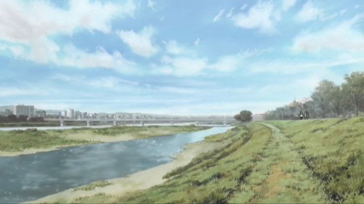 a painting of a river running through a lush green field next to a cityscape