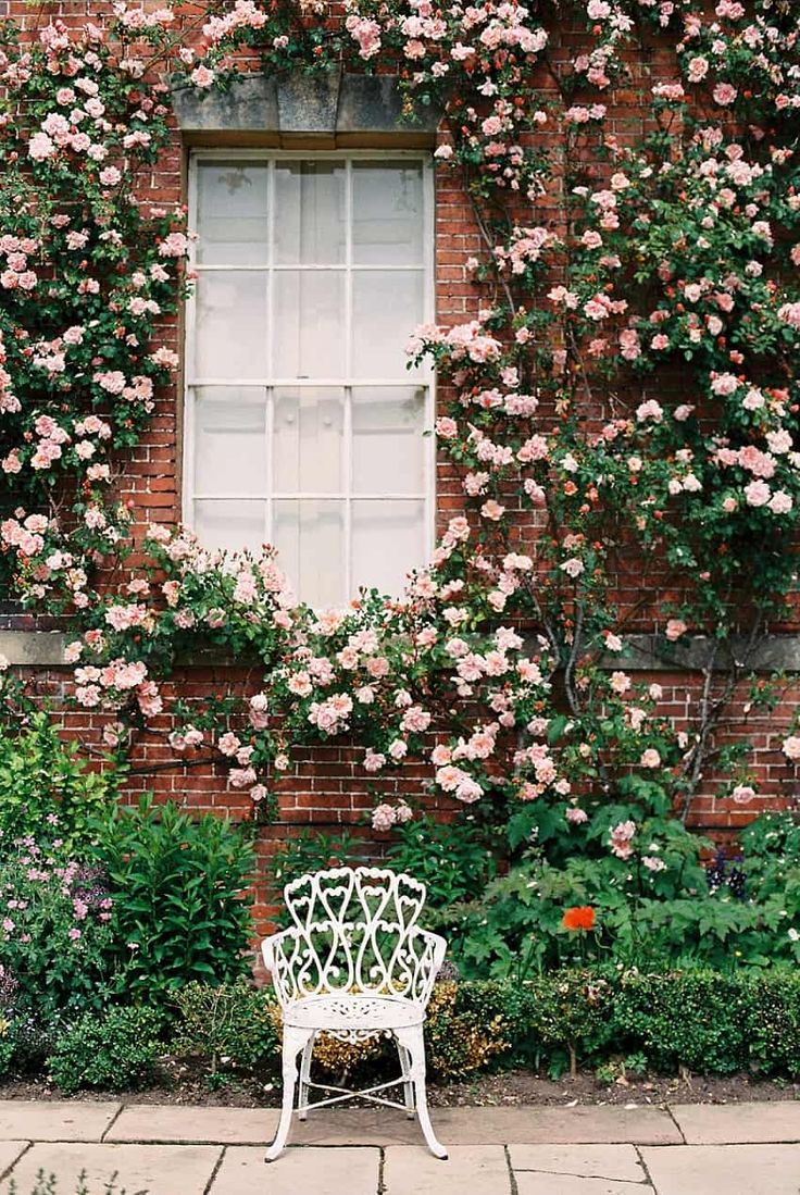 a white bench sitting in front of a window covered in pink flowers next to a brick building