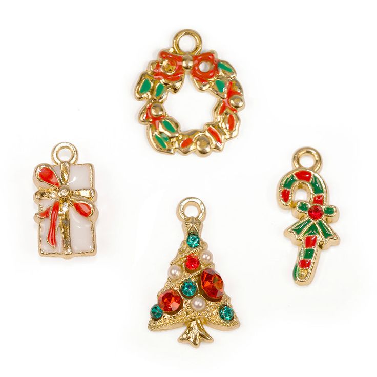 Any of these charms will be a perfect addition to your favorite charm bracelet or use one to make a necklace for yourself and 3 of your friends! Each charm is adorned with enamel or sprakle or a little of both! In this charm set you will receive the following: 11x7mm Enamel Present Charm 18x15mm Enamel Wreath Charm 8.5x20mm Enamel Candy Cane Charm 20x12mm Sparkle Tree Made with zinc alloy, brass, glass, and enamel. Green Dangling Charms For Gift, Metal Charms For Gifts, Dangling Metal Charms For Gifts, Enamel Charm Pendant Necklace, Enamel Pendant Charm Necklace, Gold Enamel Charms With Removable Details, White Vintage Charm For Gift, White Vintage Charm As A Gift, White Vintage Charm As Gift