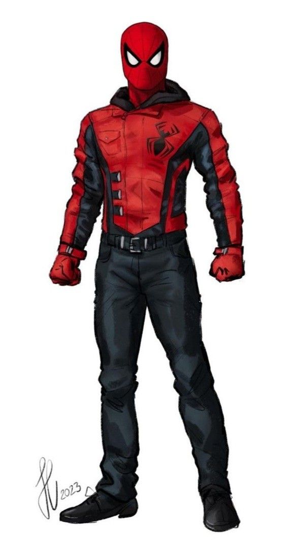 a man in a red and black spider suit with his hands on his hips, standing