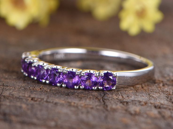 Amethyst Wedding Band,14K white gold wedding ring,8 stones,women bridal promise ring,anniversary gifts Solid 14k white/ rose/yellow gold Band Width approx 3.2mm 3mm Round Cut VS Natural purple Amethyst, Approx weight 1.2ctw Half eternity Amethyst band Prong,Bezel Set,Art Deco Return and refund: We provide 30days return and exchange service. (Custom order is made by Unique demand, will be non-returnable and non-refundable). As every item in my shop is handmade to order, if you unsatisfied with it Classic Purple Ruby Wedding Ring, Wedding Amethyst Stackable Rings Fine Jewelry, Fine Jewelry Amethyst Stackable Wedding Rings, Round Cut Amethyst Birthstone Ring For Anniversary, Formal Amethyst Ring With Round Band, Classic Amethyst Birthstone Ring For Anniversary, Amethyst Round Cut Birthstone Ring For Anniversary, Purple Ruby Ring With Center Stone For Wedding, Amethyst Promise Ring With Accent Stones