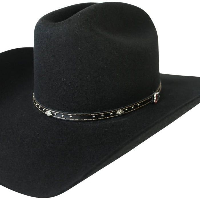 Cattleman crease crown Black band with Justin logo concho Leather sweatband 4" brim Studs Diamond, Beaded Hat Bands, Crown Black, Kids Belt, Beaded Hat, Feather Hat, Boy Hat, Leather Hats, Black Hills