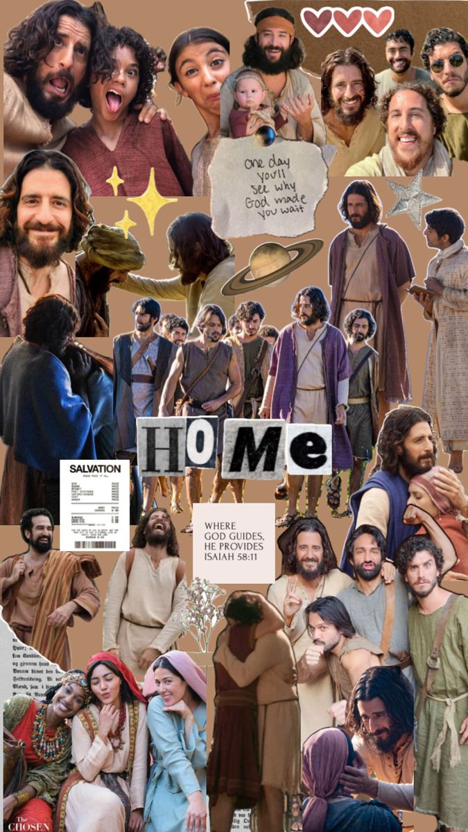 a collage of jesus and other people with the word home written in white above them