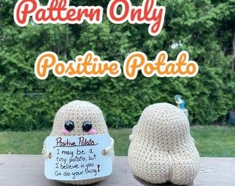 two stuffed animals sitting next to each other on top of a wooden table with the words pattern only positive potato