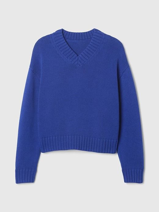 Oversized V-Neck Sweater | Gap Gap Cotton Sweater For Fall, Gap Long Sleeve Sweater With Ribbed Cuffs, Gap Oversized Long Sleeve Sweatshirt, Gap V-neck Fall Sweater, Gap Oversized Tops For Fall, Gap Fall Oversized Tops, Oversized Gap Tops For Fall, Cozy V-neck Sweatshirt With Ribbed Cuffs, Casual Gap V-neck Sweater