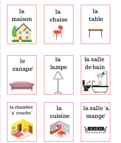 the words in french are shown with pictures on each side of the word, which is also