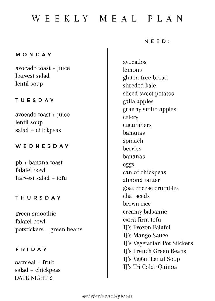 the weekly meal plan is shown in black and white