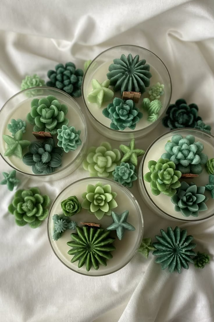 four glass bowls filled with succulents on top of a white cloth covered table