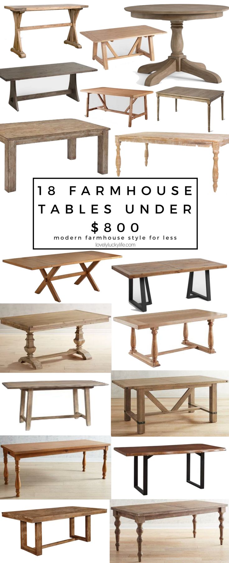 the farmhouse table under $ 500 is shown with different angles and sizes to choose from