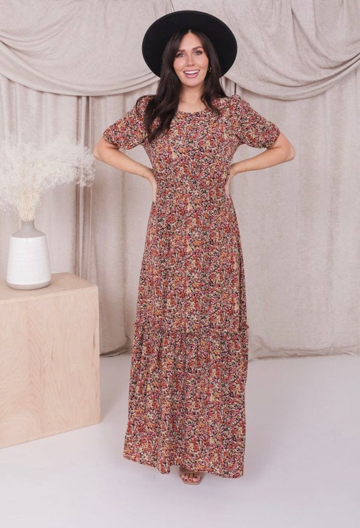 Lottie modest maxi dress – JanieLanie Modest Maxi Dress With Elastic Waistband, Casual Short Sleeve Maxi Dress With Elastic Waistband, Short Sleeve Maxi Dress With Floral Print For Fall, Fall Floral Print Maxi Dress With Short Sleeves, Modest Maxi Dress With Ruffle Hem, Modest Short Sleeve Maxi Dress With Ruffles, Flowy Modest Tiered Summer Dress, Flowy Short Sleeve Maxi Dress For Fall, Modest Short Sleeve Maxi Dress With Smocked Back