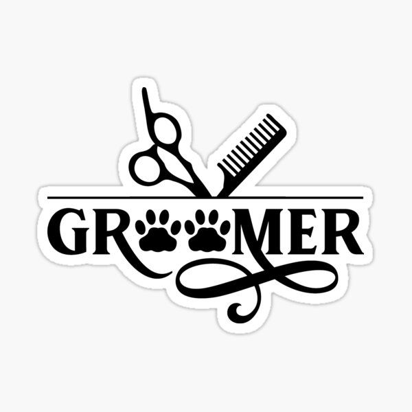 a black and white sticker that says grooming with scissors, combs and paw prints