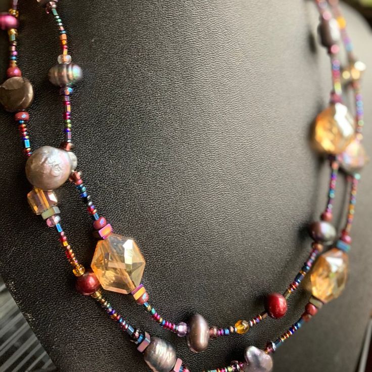 Gorgeous Handmade One Of A Kind Necklace With Grey And Wine Colored Baroque Pearls, Golden Citrine Crystals And Jewel Toned Glass Beads. Looks Stunning In Person- And Has Great Play Of Color In The Light. Approximately "18 Long- Double Strand Necklace With Silver Plated Toggle Clasp. Bohemian Double Strand Necklace For Party, Elegant Multi-strand Czech Glass Beaded Necklaces, Colorful Round Bead Long Necklace For Parties, Colorful Round Beads Long Necklace For Party, Party Long Necklace With Colorful Round Beads, Elegant Multi-strand Czech Glass Necklaces, Colorful Beads Double Strand Necklace For Parties, Multi-strand Necklaces With Colorful Beads For Party, Elegant Multi-strand Glass Beaded Necklaces