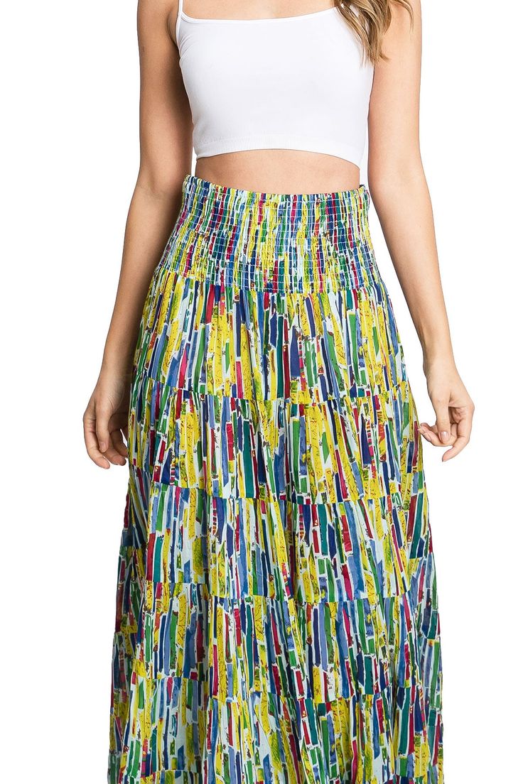 Light and airy gauze linen maxi skirt with bright abstract prints with a stretchy, smocked waist. Convertible, 2-in-1 style can also be worn as a dress! Fabric can be slightly sheer under bright lights. CARE | Hand Wash ColdCONTENTS | 100% Cotton MEASUREMENTS | 40"/ 102 cm Top to Bottom (Size Small) MODEL | 5'8 - wearing a size SmallIMPORTED Summer Rayon Maxi Skirt With Elastic Waistband, Multicolor Relaxed Maxi Skirt With Gathered Detail, Relaxed Multicolor Gathered Maxi Skirt, Elegant Multicolor Maxi Dress With Elastic Waistband, Spring Rayon Maxi Skirt, Versatile Gathered Maxi Skirt For Spring, Multicolor Rayon Skirt For Spring, Casual Maxi Dress With Tiered Gathered Skirt, Casual Maxi Dress With Gathered Tiered Skirt