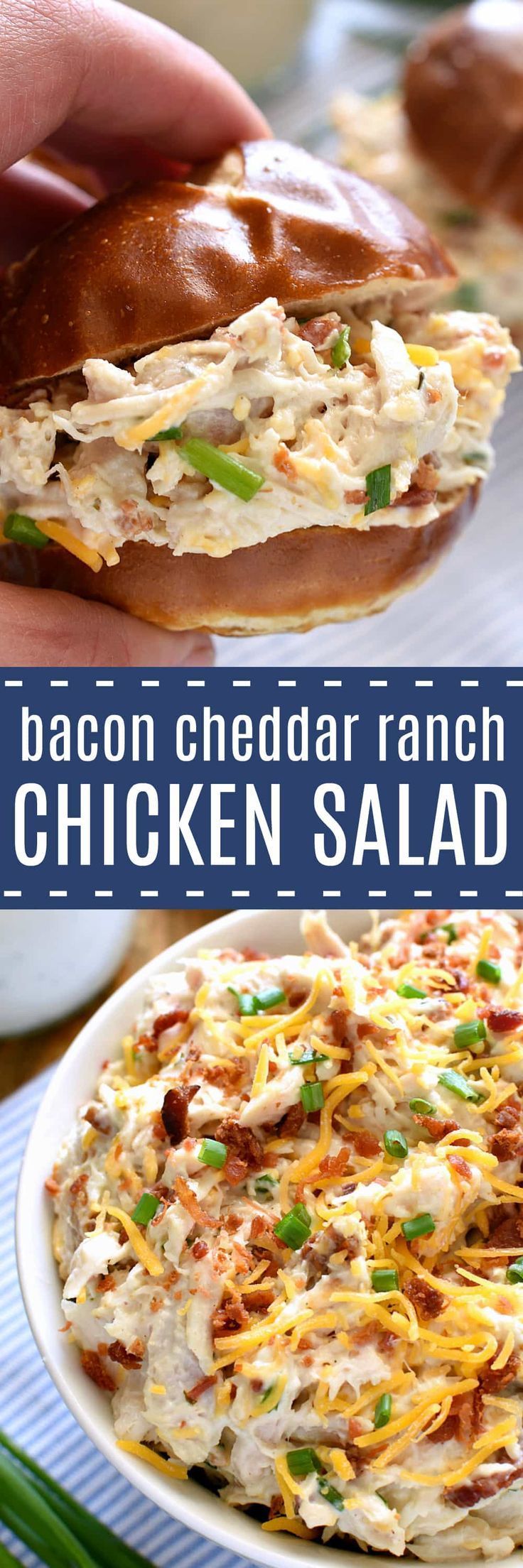 a chicken salad sandwich with bacon, cheddar ranch and green onions on it