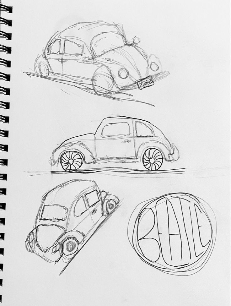 three different types of cars are shown in the drawing book, and each one has its own name on it