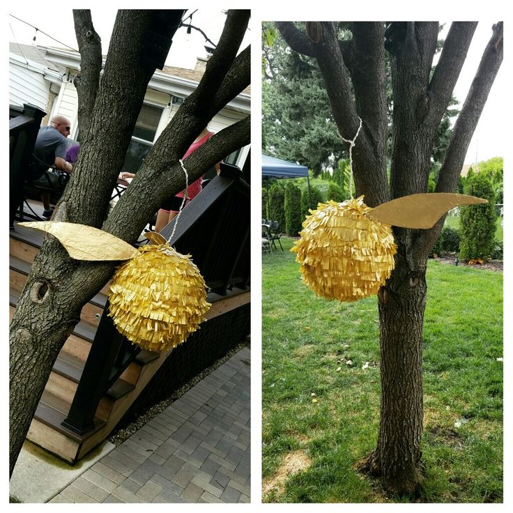 two pictures of trees that have been decorated with yellow paper and gold tinsels