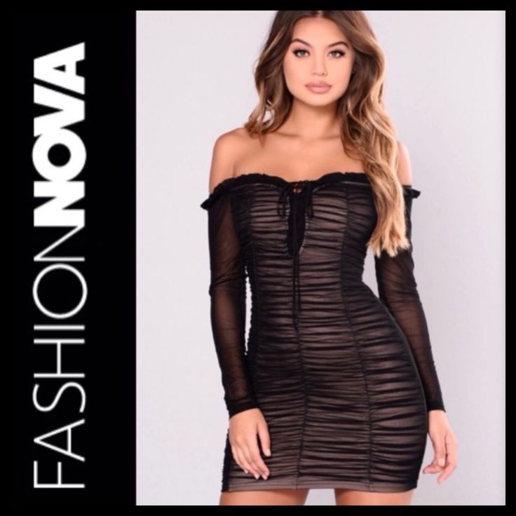 Nwot Fashion Nova Maura Mesh Dress Sz M Mesh Off-Shoulder Dress Long, Sheer Sleeves Armpit To Armpit Approx 13” Length Approx 27” Stretch Fabrication Body Hugging Silhouette Ruched Front And Back Fully Lined Body 92% Nylon 8% Spandex Lining 95% Polyester 5% Spandex Black/Nude Tags Removed, Never Worn Black Stretch Off Shoulder Dress For Night Out, Black Off Shoulder Dress For Spring Night Out, Black Off Shoulder Dress For Night Out In Spring, Spring Black Bodycon Off-shoulder Dress, Black Off Shoulder Dress For Summer Night Out, Black Sheer Off-shoulder Dress, Black Long Sleeve Off Shoulder Summer Dress, Shimmer Dress Short, Mink Dress