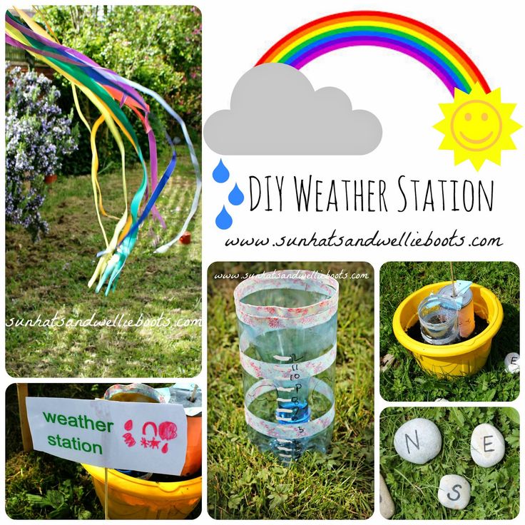 several different pictures with the words diy weather station on them and various items in buckets