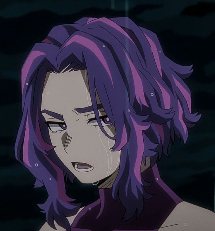 an anime character with purple hair staring at the camera