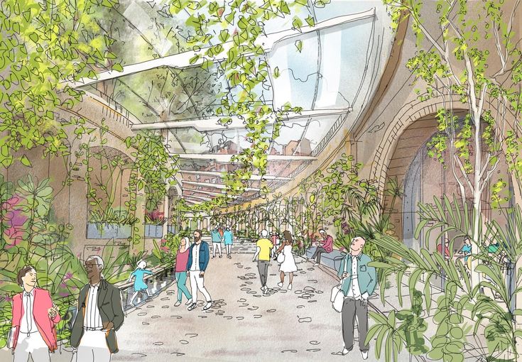 an artist's rendering of people walking down a walkway in a shopping mall with lots of greenery