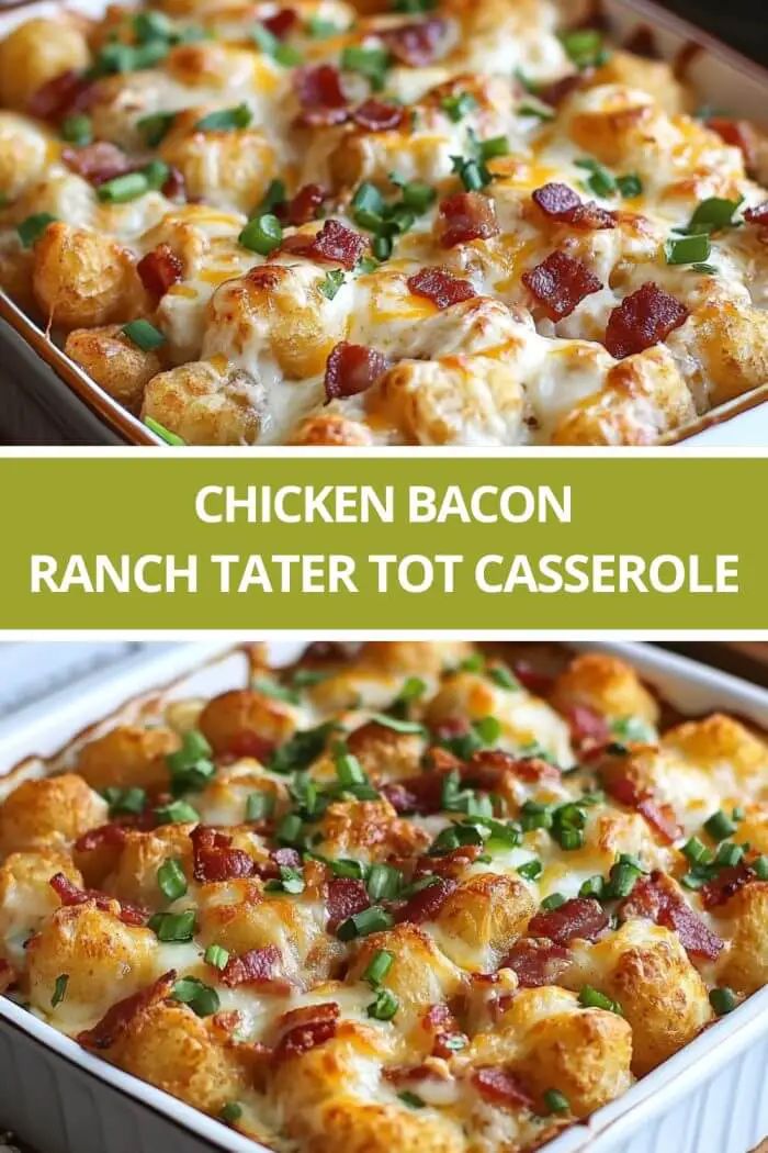 chicken bacon ranch tater tot casserole in a pan