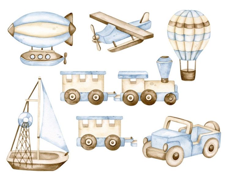 a watercolor drawing of different types of vehicles and balloons on a white background with blue accents