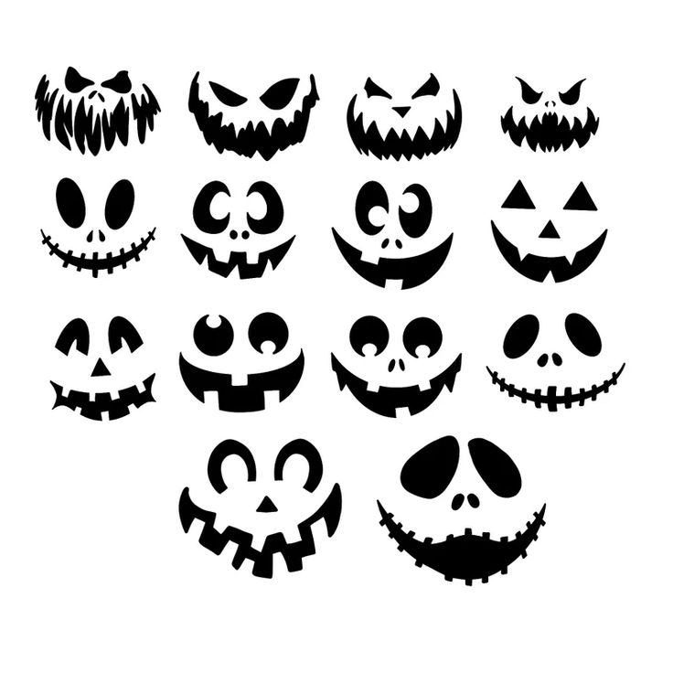 a set of halloween pumpkins with different faces and mouths, all drawn in black on a white background