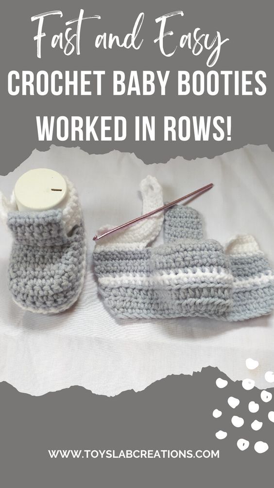 two crochet baby booties are shown with the words first and easy on them