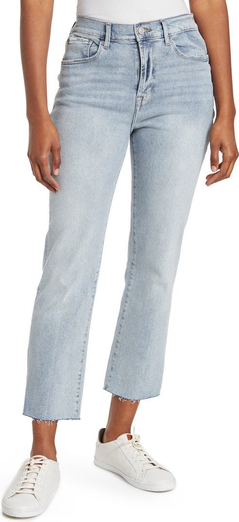 kensie High Waist Slim Straight Leg Jeans | Nordstromrack Mid-rise Faded Jeans For Spring, Faded Mid-rise Cropped Jeans Trendy Style, Mid-rise Washed Cropped Jeans, Trendy Mid-rise Faded Cropped Jeans, Fitted Washed Jeans With Cropped Legs, Fitted Washed Jeans With Cropped Leg, Faded Mid-rise Jeans For Spring, Trendy Faded Mid-rise Cropped Jeans, Fitted Light Wash Cropped Cotton Jeans