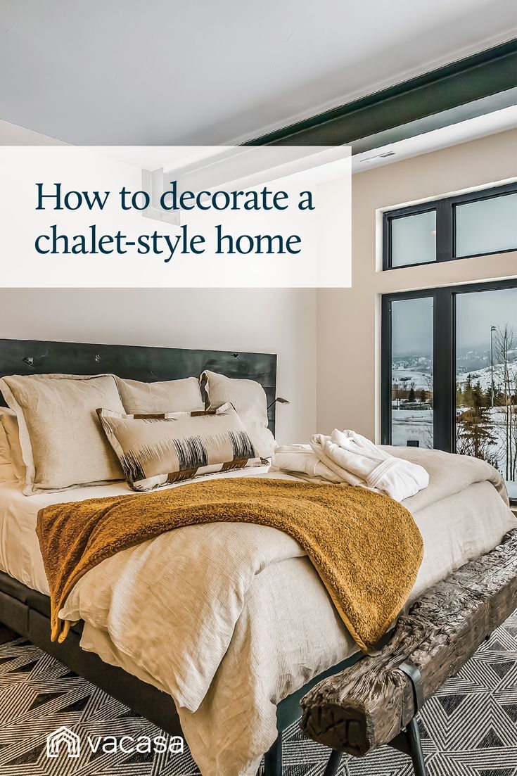 A sophisticated bedroom. Headline: How to decorate a chalet-style home - Vacasa Mountain Condo Decor, Ski Homes Interior, Ski Condo Decor Interior Design, Ski House Bedroom, Ski Cabin Interior, Ski Condo Decor, Cozy Cabin Interior, Ski Chalet Decor, Ski Chalet Interior