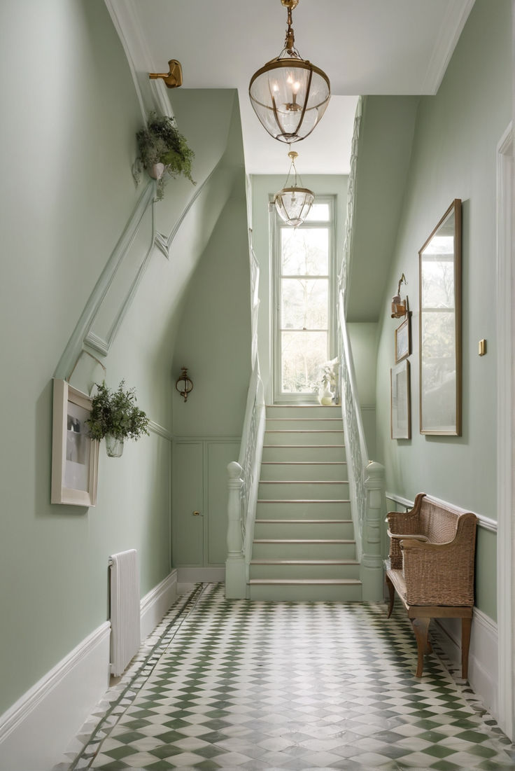 the hallway is painted in pale green with checkered flooring and chandelier