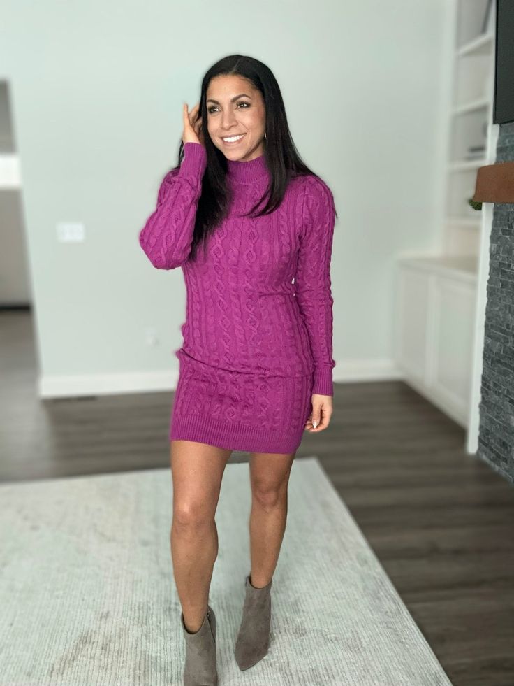 The best sweater dress in the prettiest fuchsia color! The cutest winter outfit for date night, or a fun night out outfit! Pretty pink purple knit sweater dress Stretchy knit fabric Fit is true to size Great length to style this cute sweater dress with boots or booties! Customers love the soft material and stretchy knit of this cute dress! Pink Mini Sweater Dress For Winter, Fitted Knee-length Sweater Dress In Pink, Fitted Pink Sweater Dress, Knee-length, Pink Knee-length Sweater Dress, Winter Pink Knit Sweater Dress, Pink Mini Dresses For Winter, Knit Sweater Dress For Night Out In Fall, Knit Sweater Dress For Fall Night Out, Knit Dress For Winter Date Night