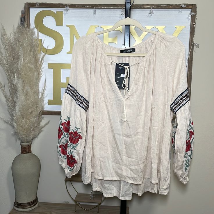 Mieeion Embroidered Cream Top Size Large Boho Nwt Oversized Flowy P2p 27” Floral Embroidered Top For Vacation In Fall, Floral Embroidered Top For Fall Vacation, Embroidered Tops For Fall Vacation, Embroidered Top For Vacation In Fall, Fall Vacation Embroidered Blouse, Shimmer Blouse, Lace Babydoll Dress, Maternity Blouse, Ruffle Crop Top