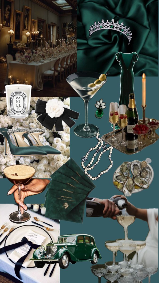 a collage of photos with various items on it including wine glasses, plates and napkins