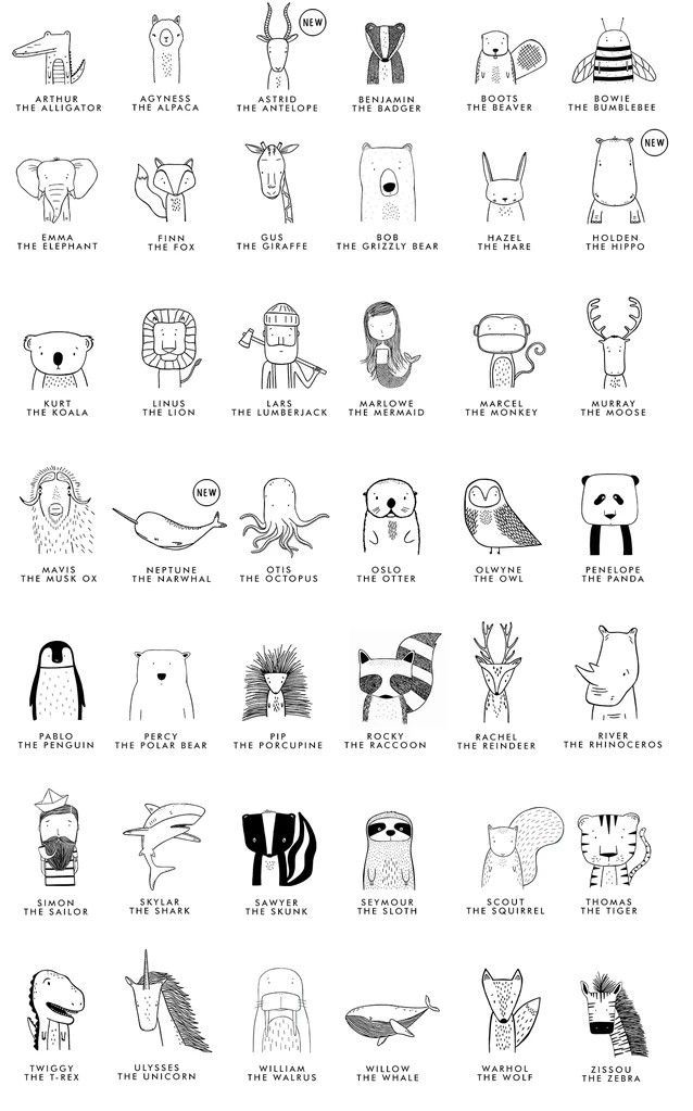 an illustrated poster with different types of animals and their names in black ink on white paper