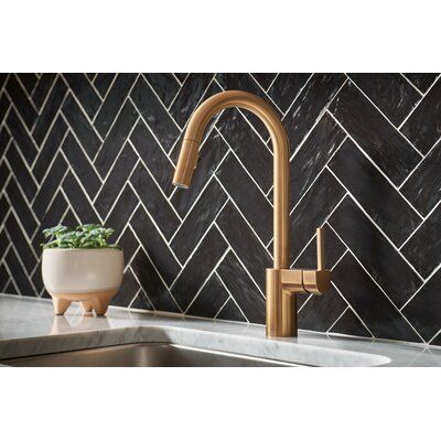 the brass faucet is next to a potted plant on a counter top