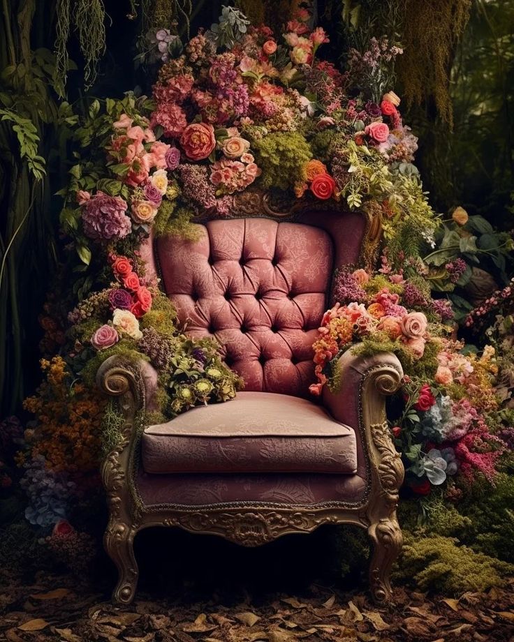 an old chair with flowers on it in the middle of a forest filled with leaves