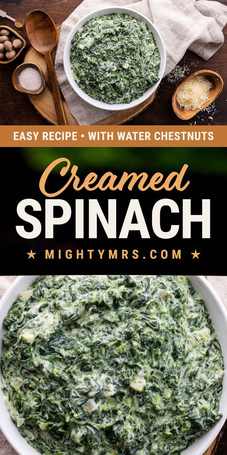 creamy spinach dip in a white bowl with text overlay