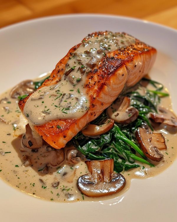 a white plate topped with salmon and mushrooms covered in gravy on top of broccoli