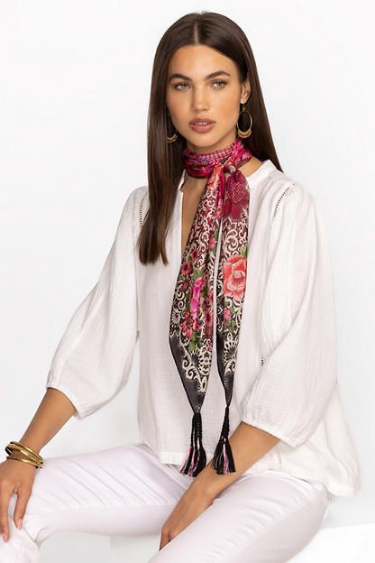 Artfully crafted from 100% flowing silk, the Pink Lace Silk Scarf is a must-have accessory. Featuring a vibrant print adorned with bold floral blooms, this luxurious scarf adds the perfect touch of color to your look. Tie at the neck or to the handle of a statement handbag for an extra bit of flare that adds visual interest to your look. Johnny Was Women's Pink Lace Scarf in Pink Lace Scarf Print, Silk, Floral Red Floral Print Silk Scarf For Spring, Spring Traditional Silk Scarf, Silk Floral Print Scarves For Summer, Bohemian Summer Scarves With Floral Print, Summer Bohemian Scarves With Floral Print, Bohemian Floral Print Scarves For Festivals, Bohemian Pink Floral Print Silk Scarf, Elegant Silk Scarf For Festivals, Spring Festival Silk Scarf