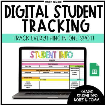 a laptop computer sitting on top of a desk with the words digital student tracking in front of it