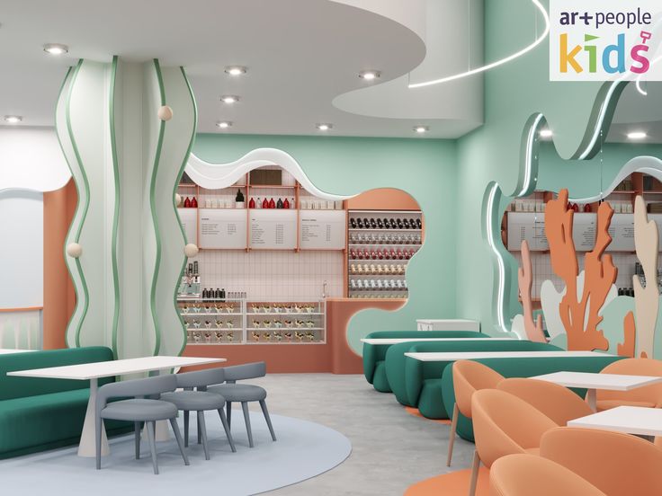 the interior of an art - people kids store with pastel colors and modern furniture