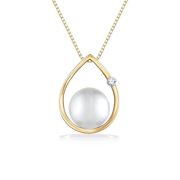 14K Yellow Gold Raindrop Pendant with a 7-7.5mm White Akoya Pearl and a 0.02 Carat Diamond. 17" 14K Yellow Gold Chain included. The pendant measures approximately 9/16" in length. Classic 14k Gold Teardrop Necklace, Classic Drop Necklace In Yellow Gold, Classic Yellow Gold Drop Necklace, Classic White Gold Round Drop Necklace, Classic Teardrop Yellow Gold Drop Necklace, Classic Yellow Gold Teardrop Drop Necklace, Classic Yellow Gold Pear-shaped Drop Necklace, Pear-shaped Yellow Gold Drop Necklace For Formal Events, Formal 14k Gold Drop Necklaces