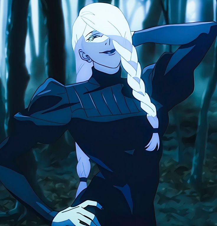 a woman with white hair and blue eyes in a black outfit standing in the woods