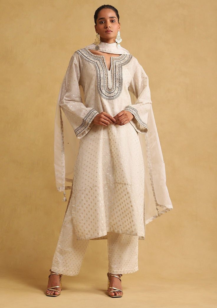 Ritu Kumar-Off-White Embroidered Kurta Set-INDIASPOPUP.COM Cotton Palazzo Pants, Cotton Art, Motif Embroidery, Kurta Cotton, Long Kurta, Ritu Kumar, Kurta Design, White Kurta, Palazzo Set