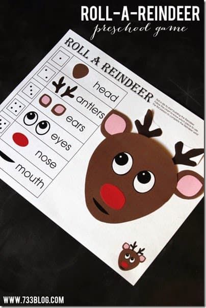 a reindeer themed roll and read game for toddlers