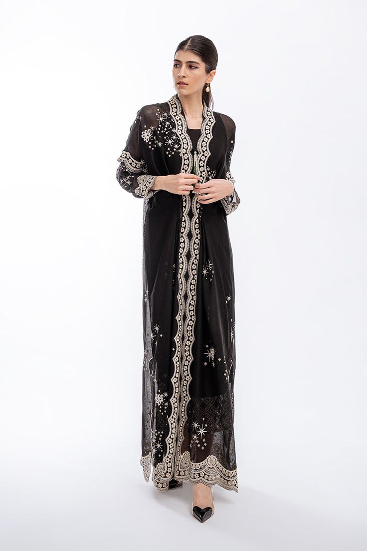 Rita Ikat Print Long Sleeve Sets For Eid, Sania Maskatiya Formal, Saniya Maskatiya Formal Wear, Black Semi-stitched Lawn Suit With Intricate Embroidery, Suffuse By Sana Yasir Formal Wear, Silk Trousers, Eid Collection, Fashion Consultant, Silhouette Cut