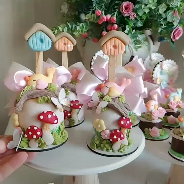 there are many small cupcakes that have been made to look like mushroom's