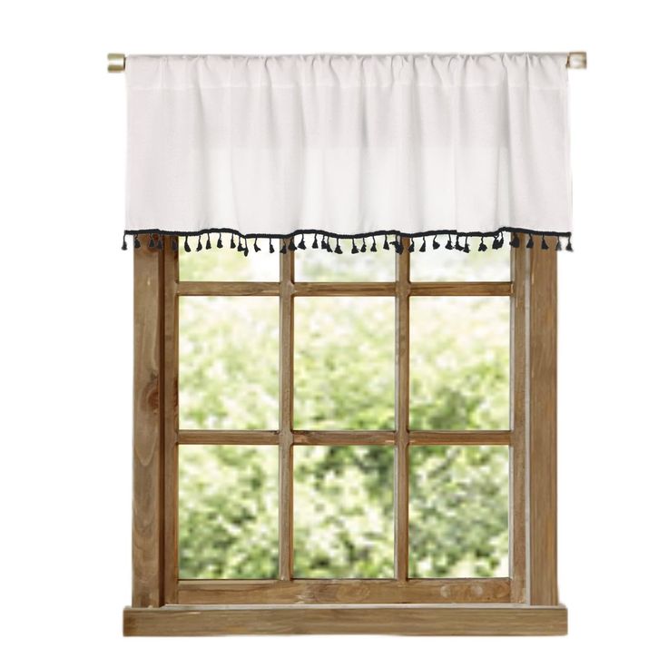 a window with a white curtain and black trim