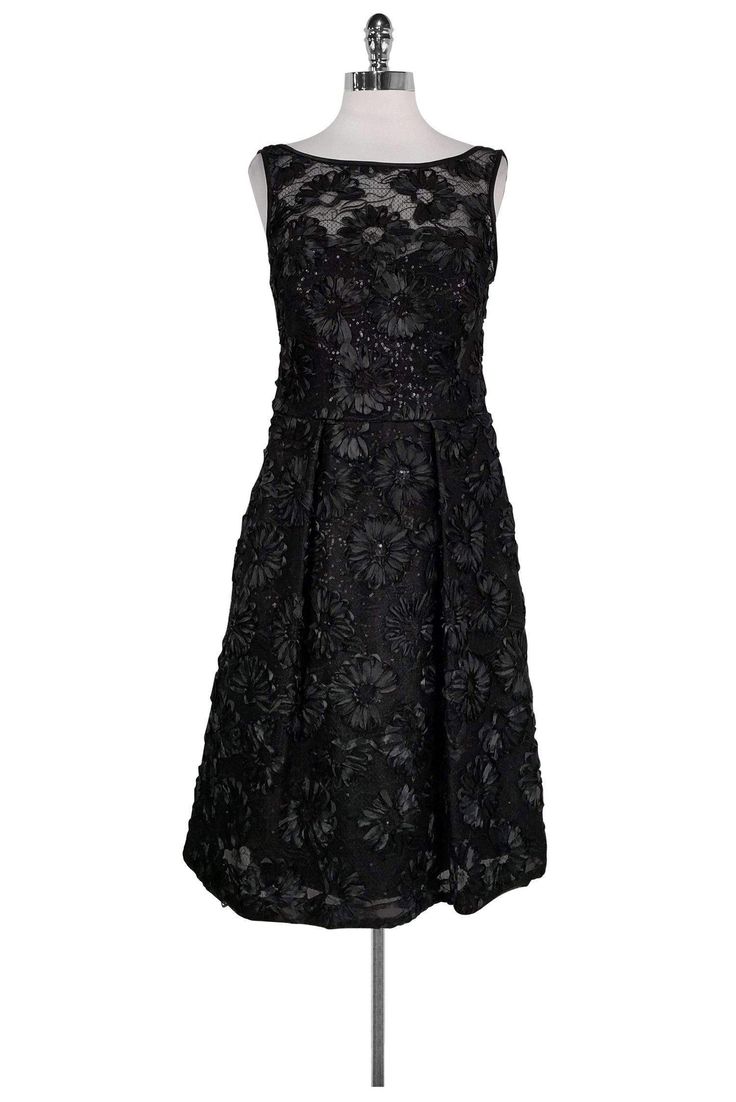 Current Boutique-Theia - Black Embroidered Sequin Dress Sz 10 Black Sequin Fabric, Embroidered Ribbon, Black Tie Event, Best Dressed, Sequin Fabric, Ribbon Flowers, Casual Sweaters, Black Sequins, Fashion Street